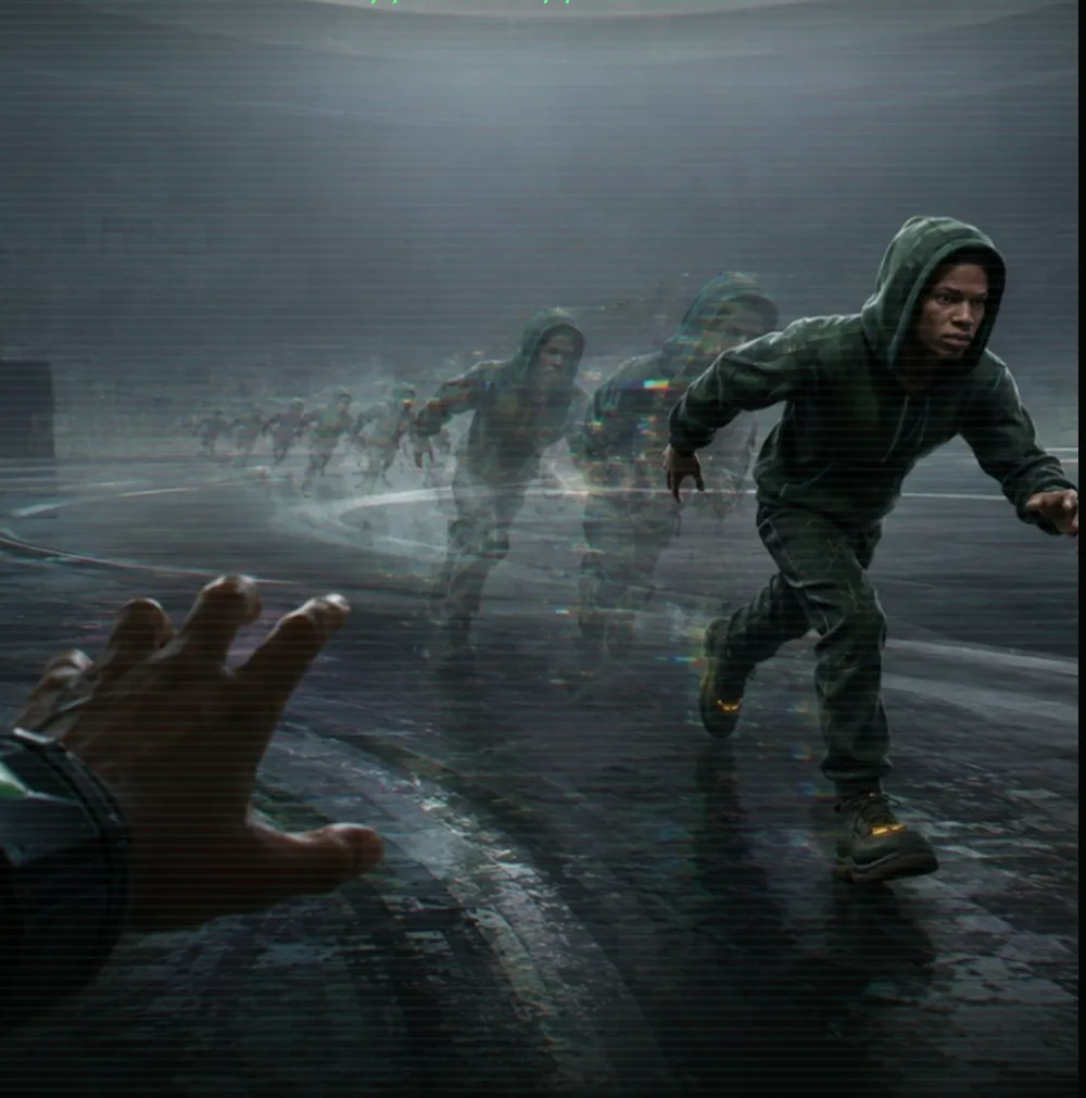 Racer sprinting through rain, afterimages trailing