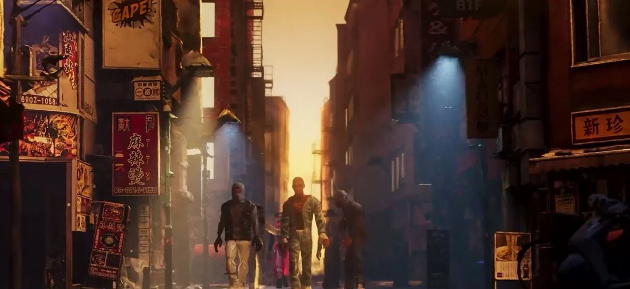 Fighters walking down a sunlit alley