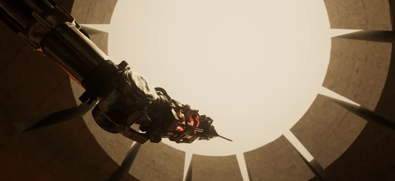 A mechanical structure beneath a circular opening