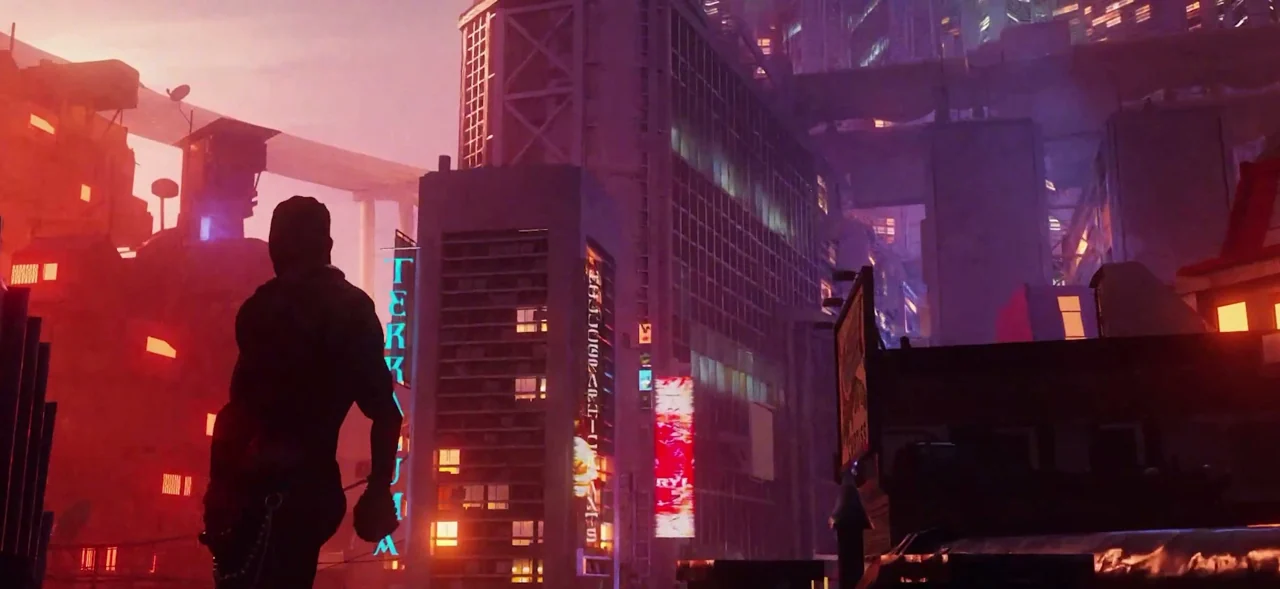 Fighters walking through a neon city skyline at dusk